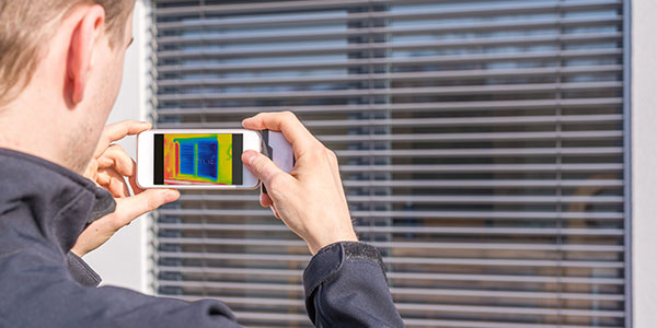 Ein Mann steht mit einer Wärmelichtkamera vor einem Fenster