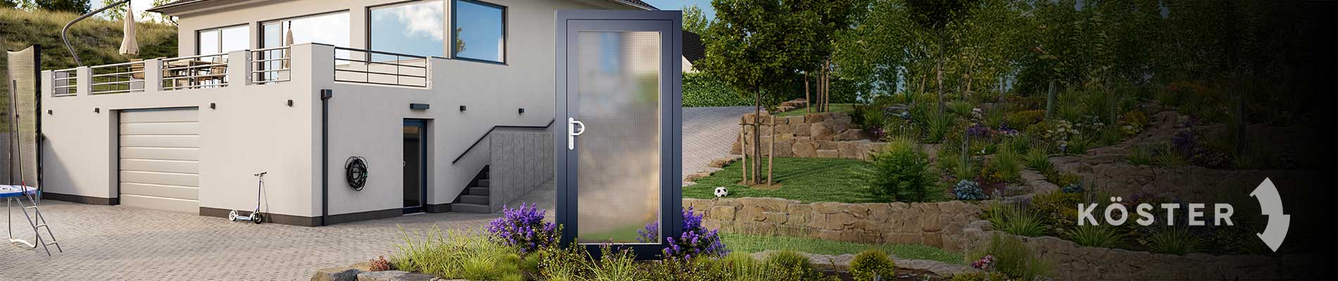 Graue Nebeneingangstür von Köster